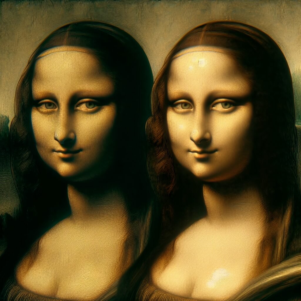 Generate an image близнецы мона лиза with the following settings:, Artist: Leonardo da Vinci, Style: Renaissance, Lighting: Ambient, Subject: People, Resolution: 4K (3840x2160), Special Effects: Timelapse.